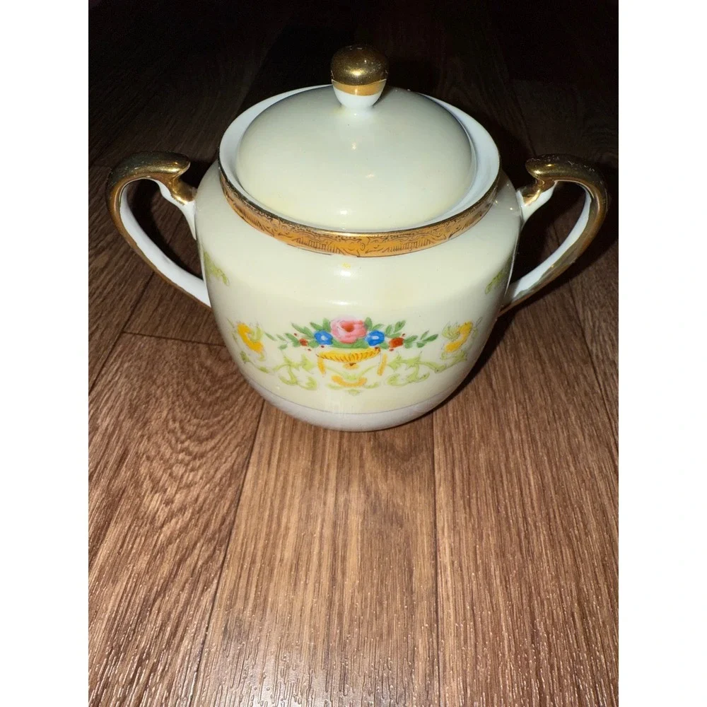 Vintage Cream Floral Sugar Bowl with‎ Lid and Creamer Set Made in Japan